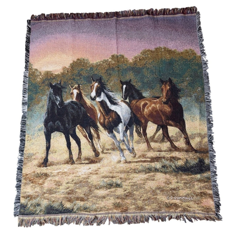 Mohawk Home Woven Horse Throw Blanket OS Multi Excellent Wild Horses Fringed USA